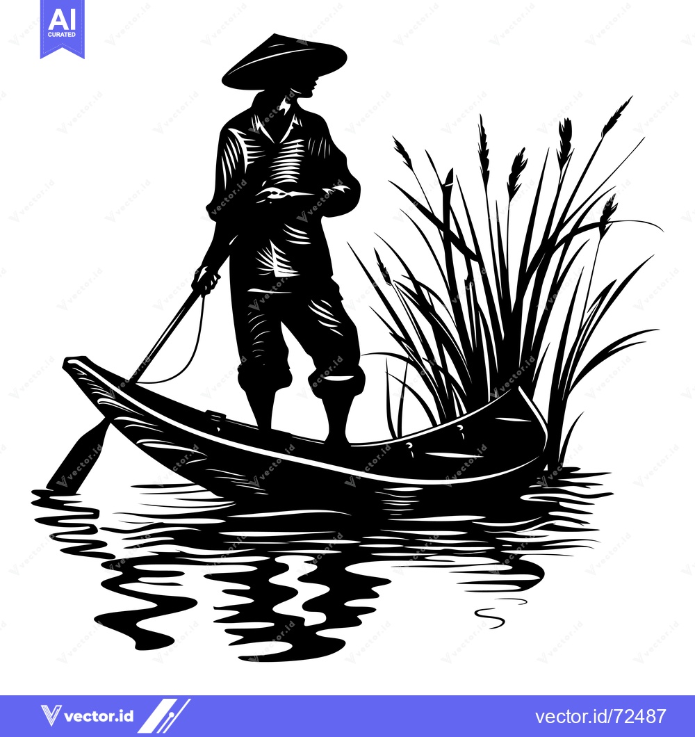Premium Vector of Silhouetted Figure in a Boat on a Body of Water with Reeds in the Back