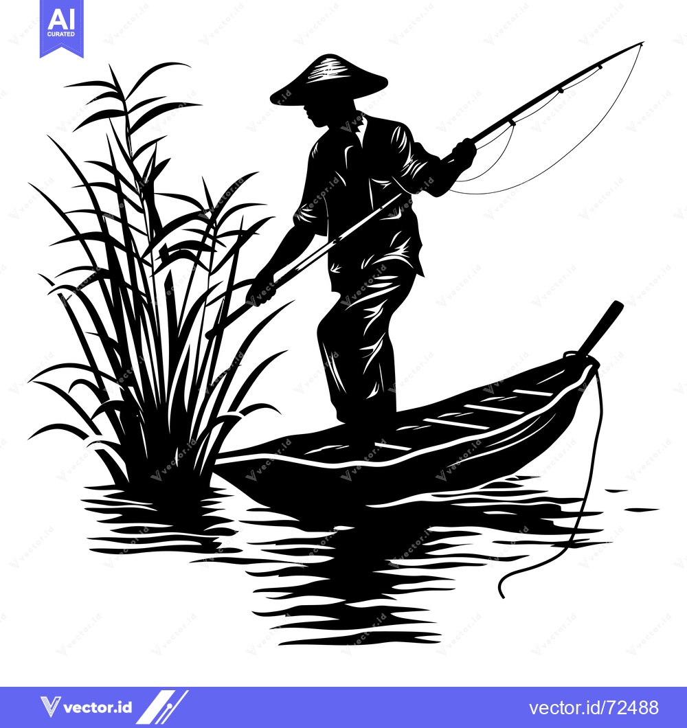 Premium Vector dari Silhouette of a Fisherman in a Boat with a Fishing Rod