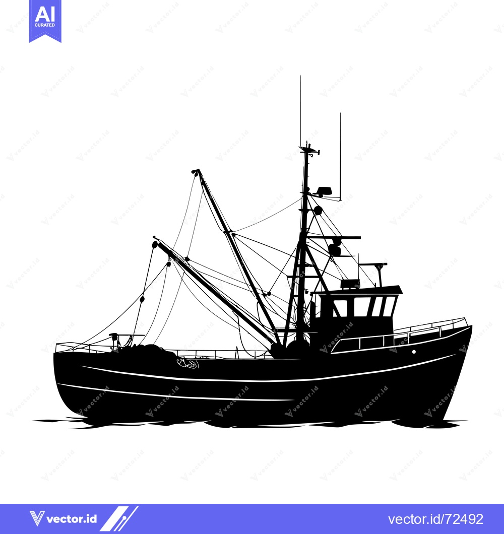 Premium Vector dari Black and White Silhouette of a Fishing Boat with Nets