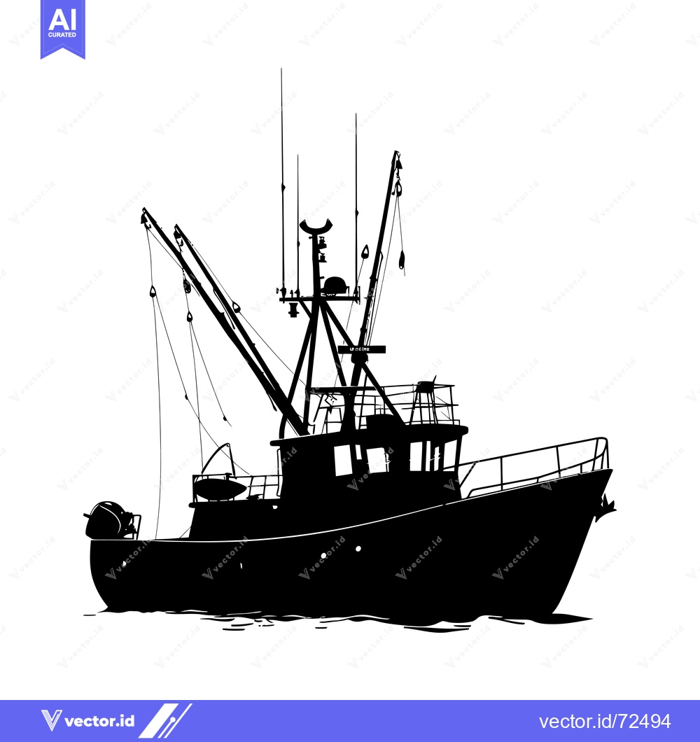 Premium Vector of Silhouette of a Commercial Fishing Vessel with Raised Cranes
