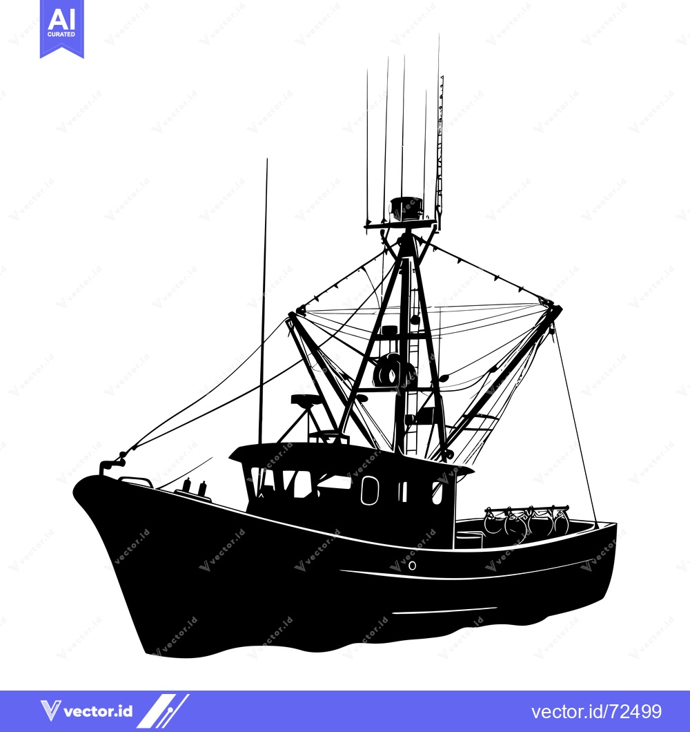 Premium Vector of Silhouette of a Fishing Boat with Detailed Rigs and Equipment