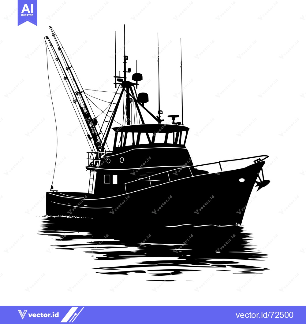 Premium Vector of Black and White Silhouette of a Fishing Boat with its Anchor Down