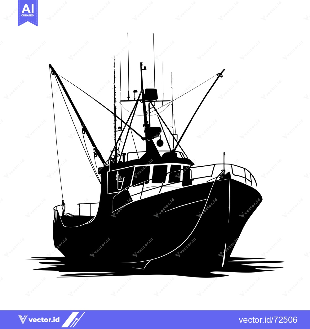 Premium Vector of A Silhouette of a Fishing Boat with a Tall Mast and Ropes