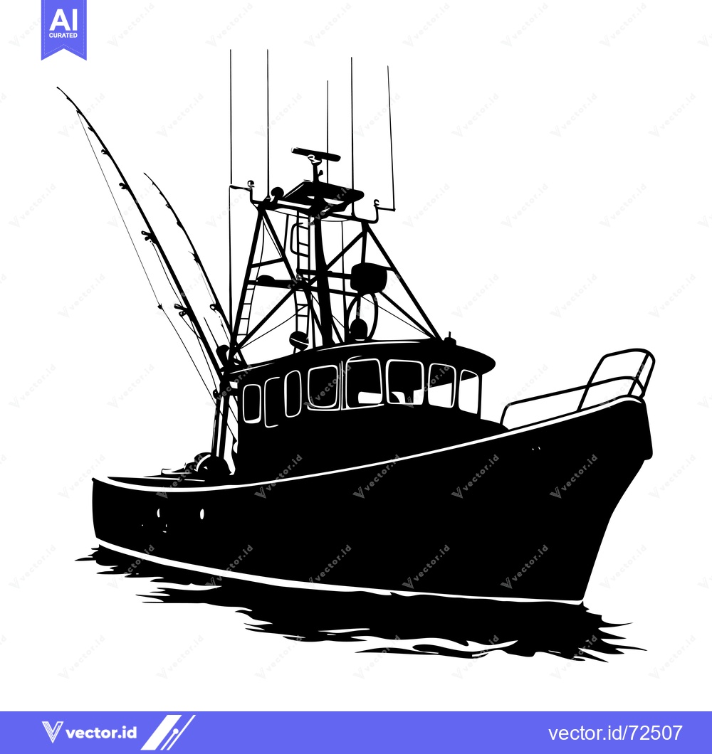 Premium Vector of Black and White Silhouette of a Fishing Boat with Rods
