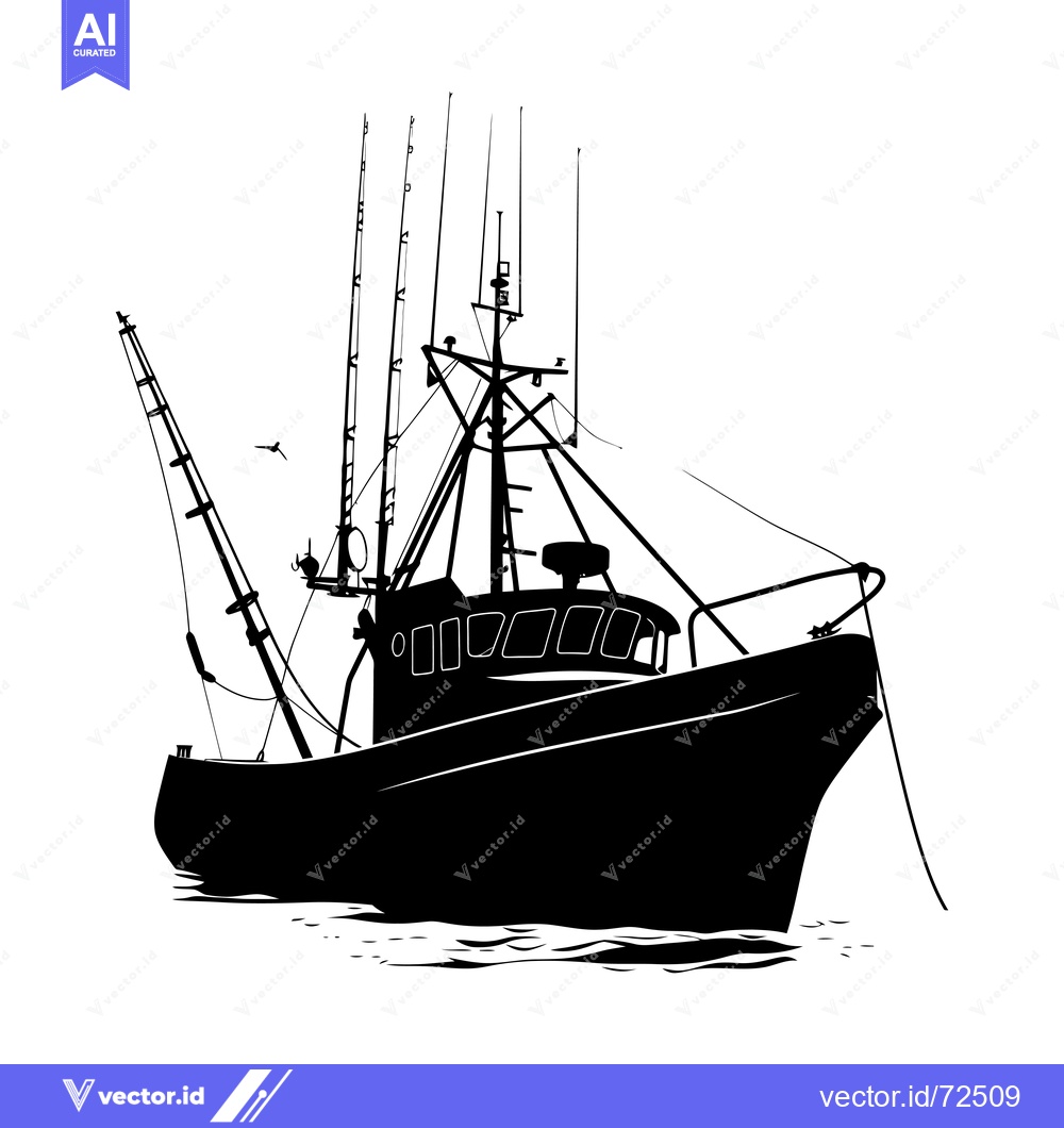 Premium Vector dari Silhouette of a Fishing Boat with Multiple Masts and a Bird Flying Ove