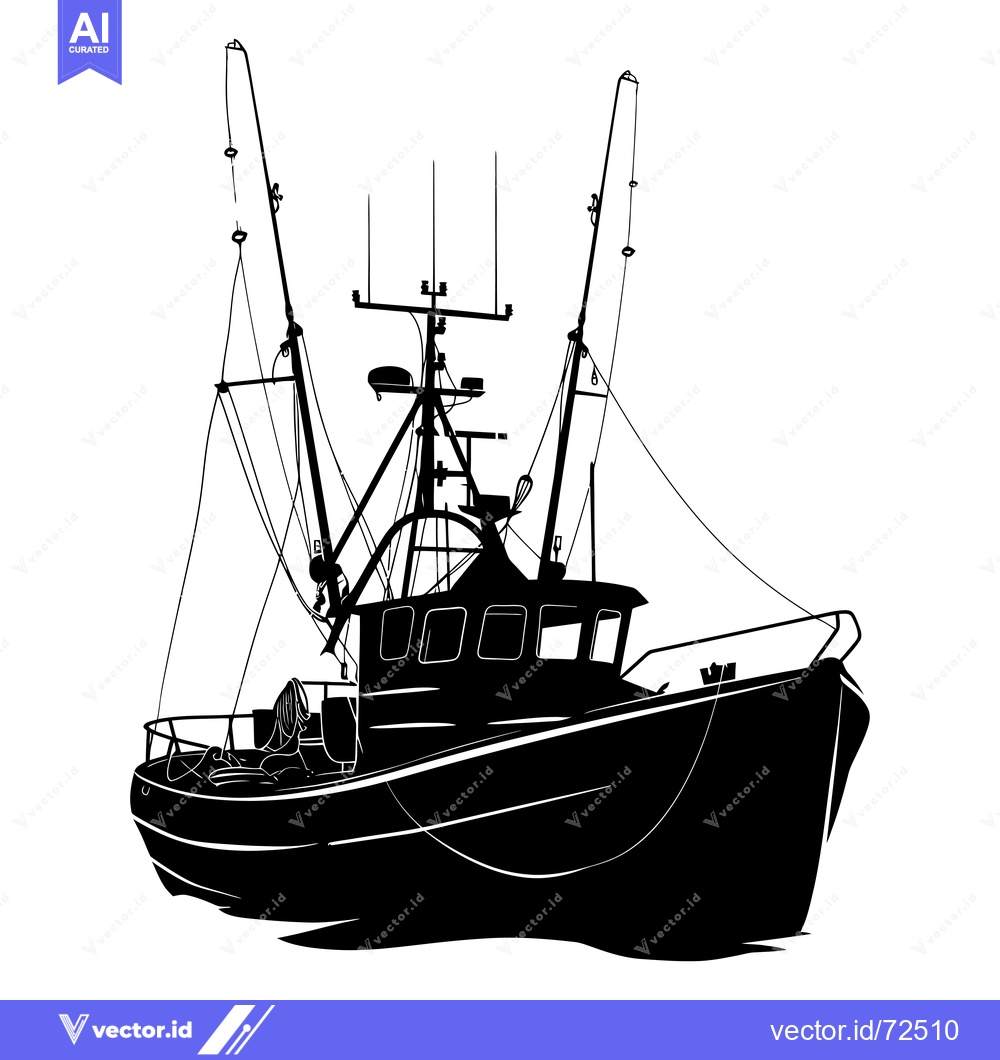 Premium Vector of Black and White Silhouette of a Fishing Boat with Ropes