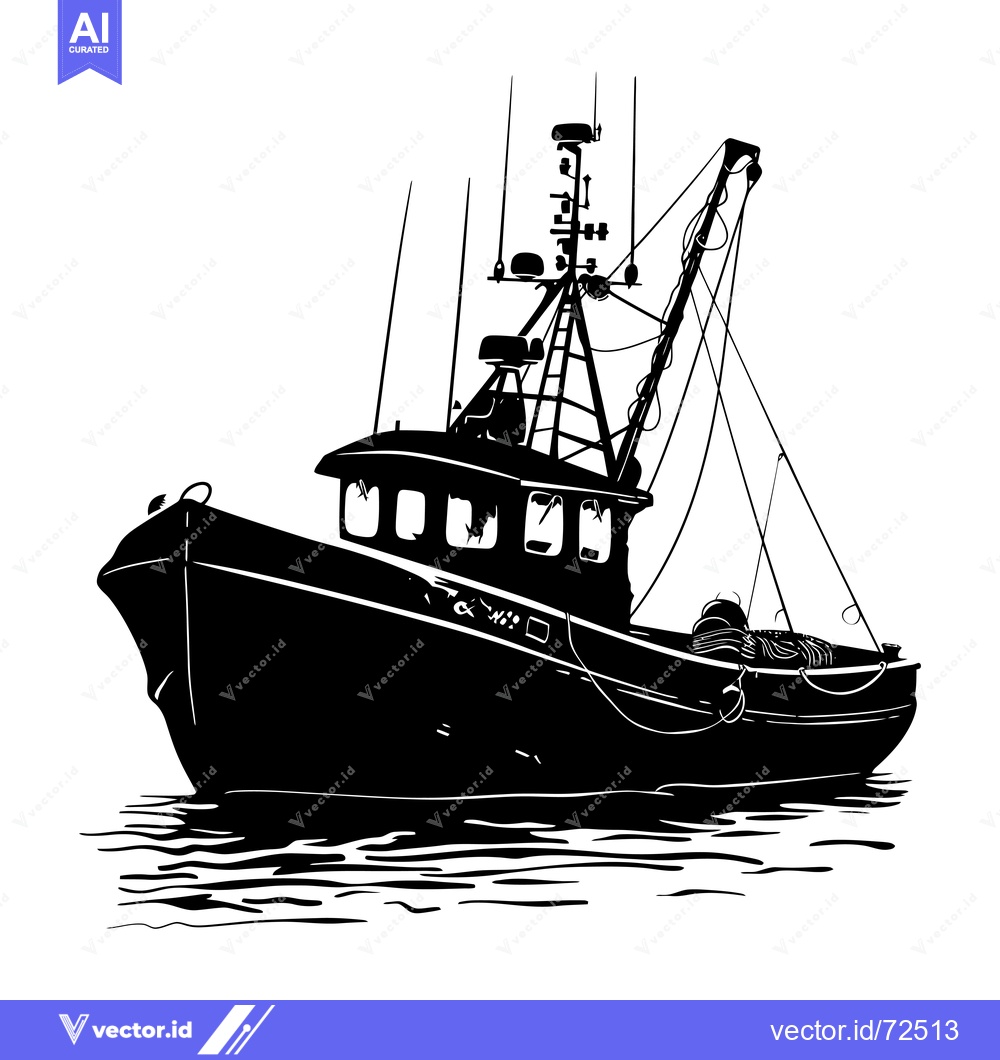 Premium Vector dari Black and White Silhouette of a Fishing Boat in the Water