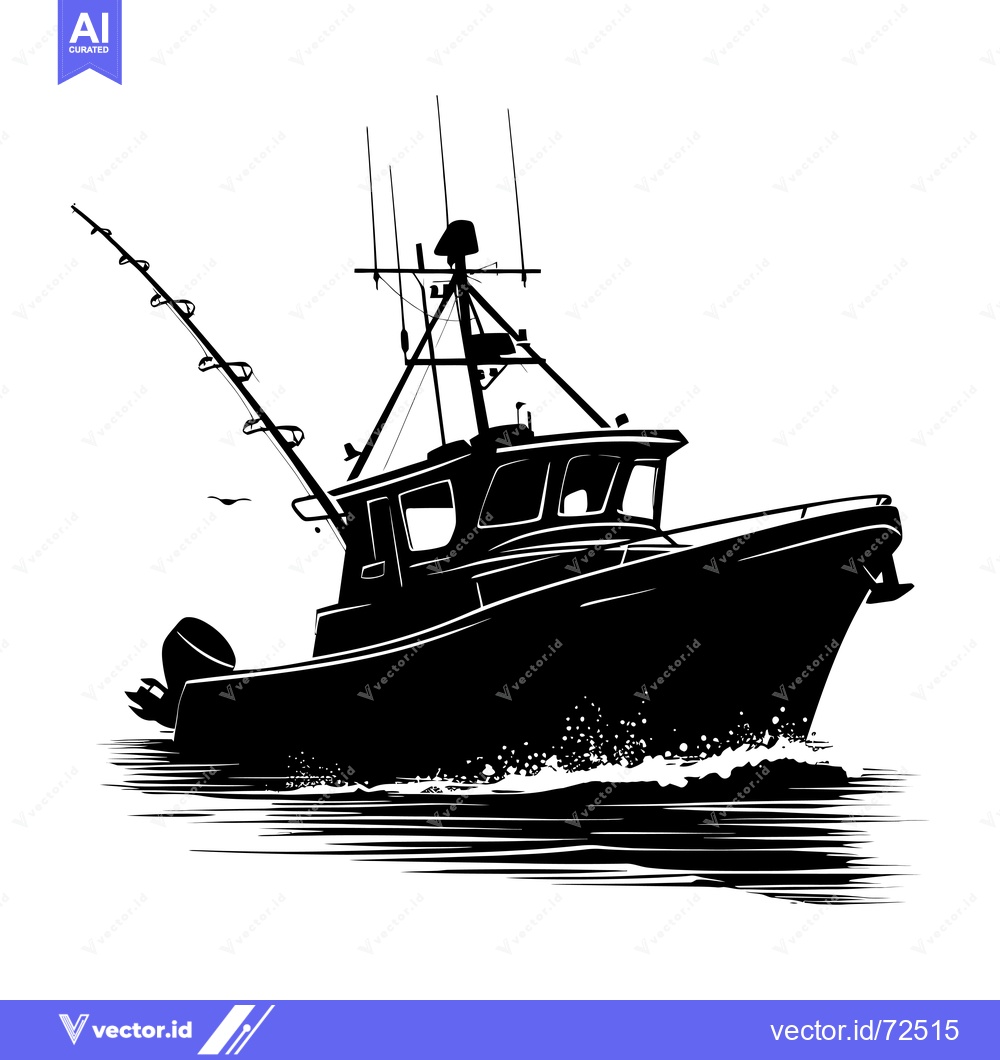 Premium Vector dari Silhouette of a Fishing Boat with Rod and Reel
