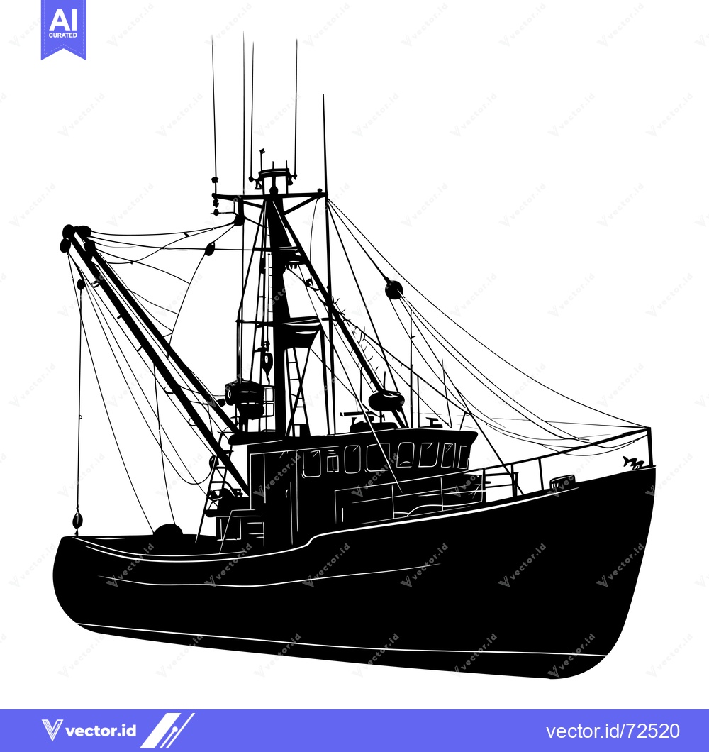 Premium Vector dari Silhouette of a Large Commercial Fishing Vessel with a Crane
