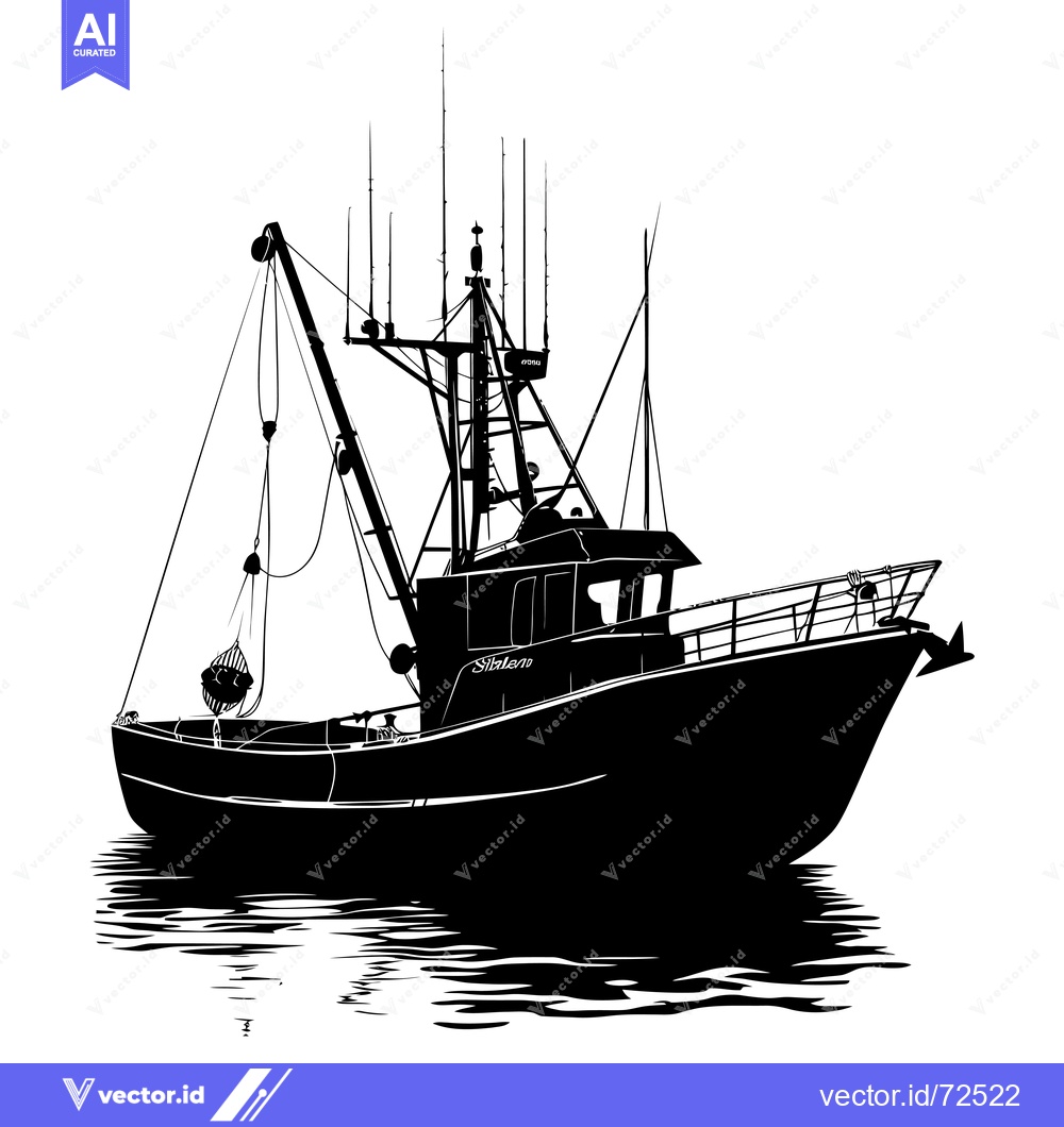 Premium Vector dari Silhouette of a Fishing Boat with a Net and Anchors