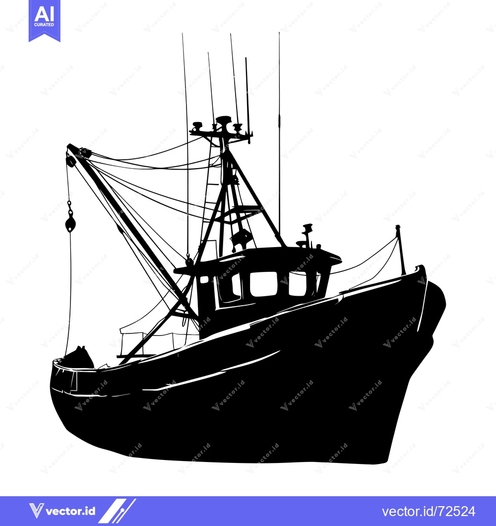 Premium Vector dari Black and White Silhouette of a Fishing Boat with a Crane