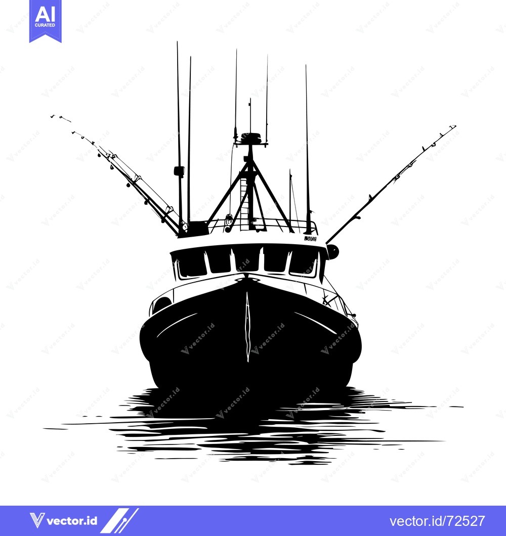 Premium Vector of Black and White Silhouette of a Fishing Boat with Rod
