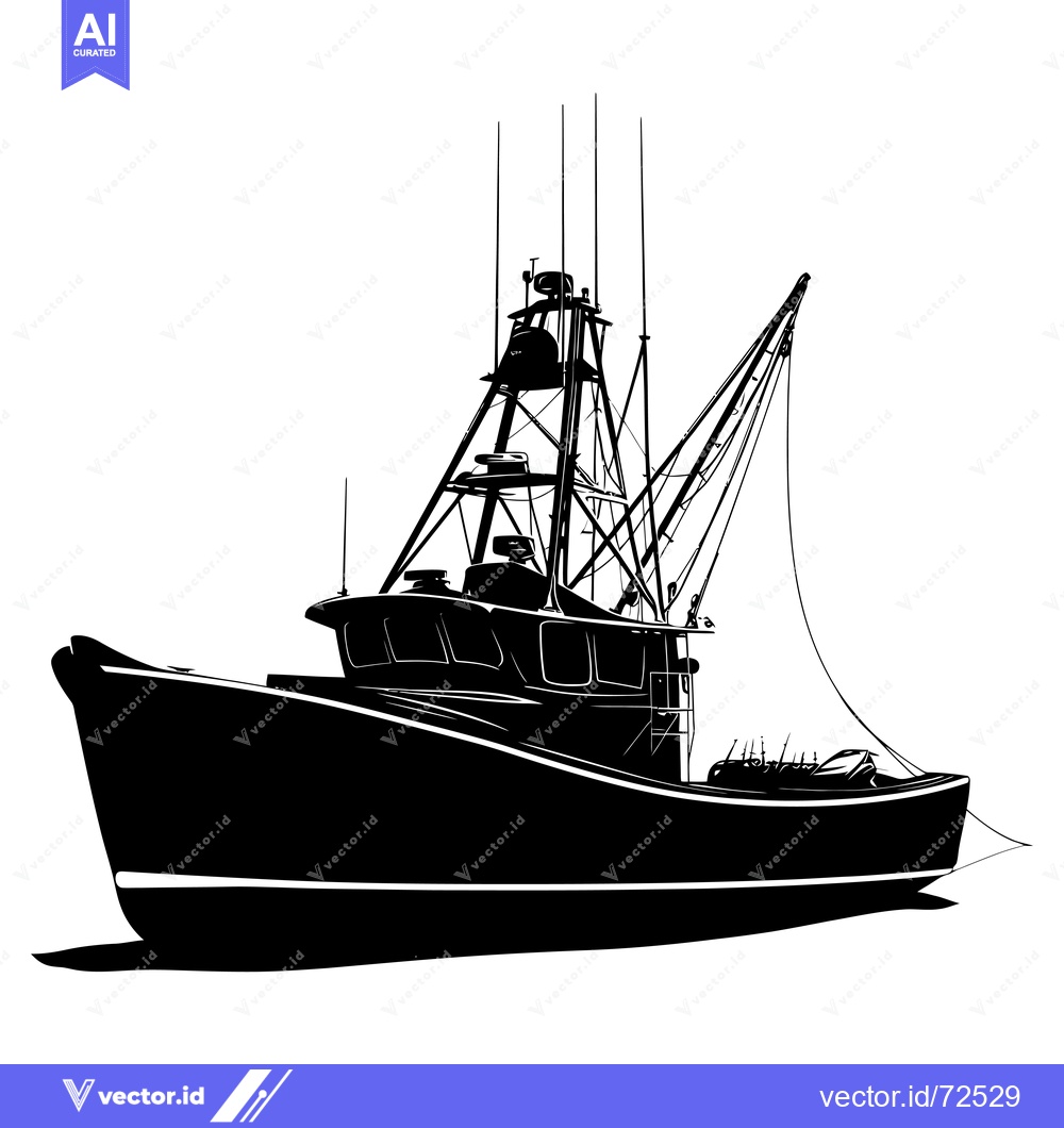 Premium Vector of A Black and White Silhouette of a Fishing Boat with a Long Boom