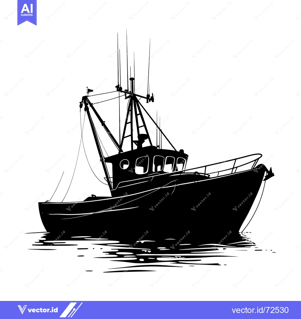 Premium Vector of Black and White Silhouette of a Fishing Boat on Water