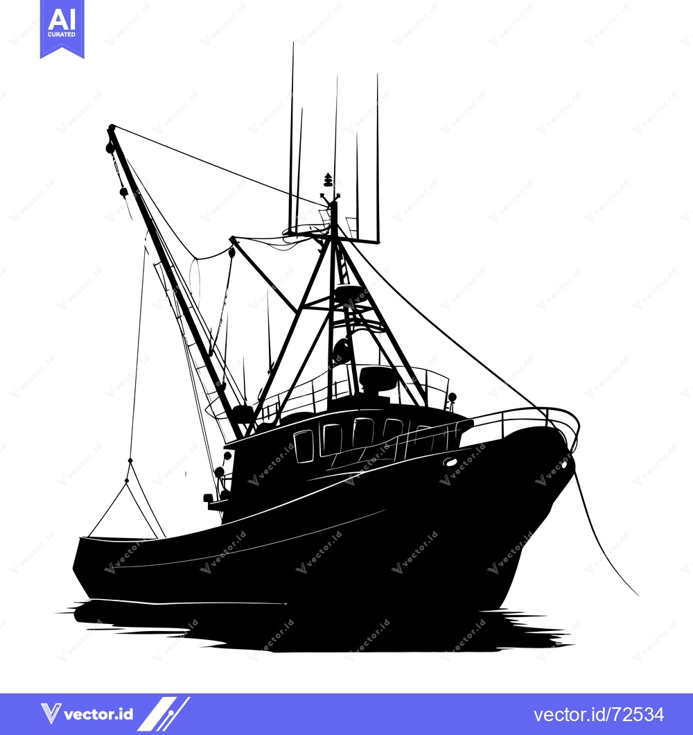 Premium Vector of Black and White Silhouette of a Fishing Boat with Mast and Rigging