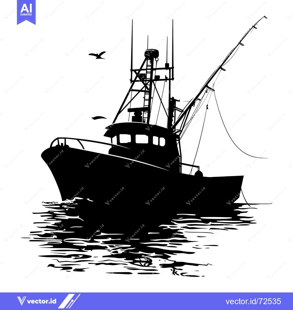 Premium Vector dari Silhouette of a Fishing Boat with a Rod and a Bird Flying Overhead