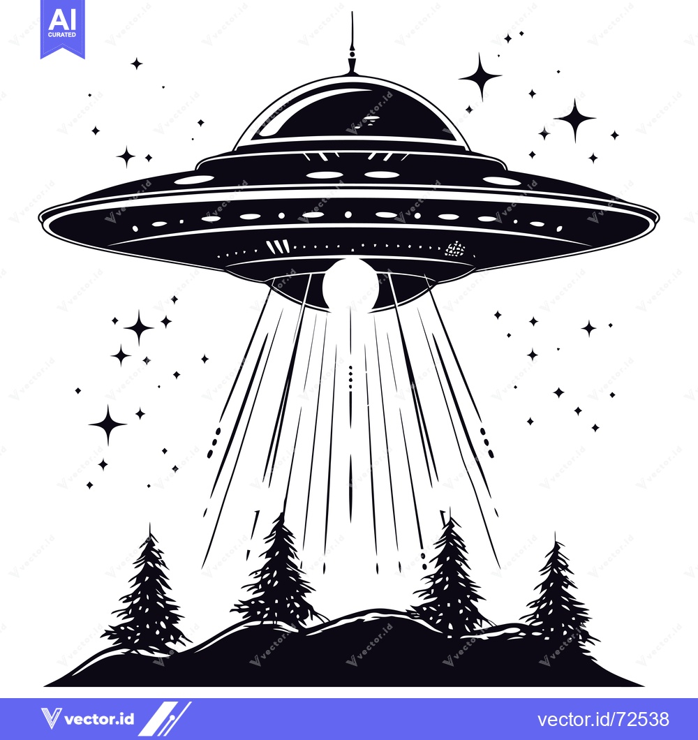 Premium Vector of Black and White Illustration of a UFO Hovering Over a Forest