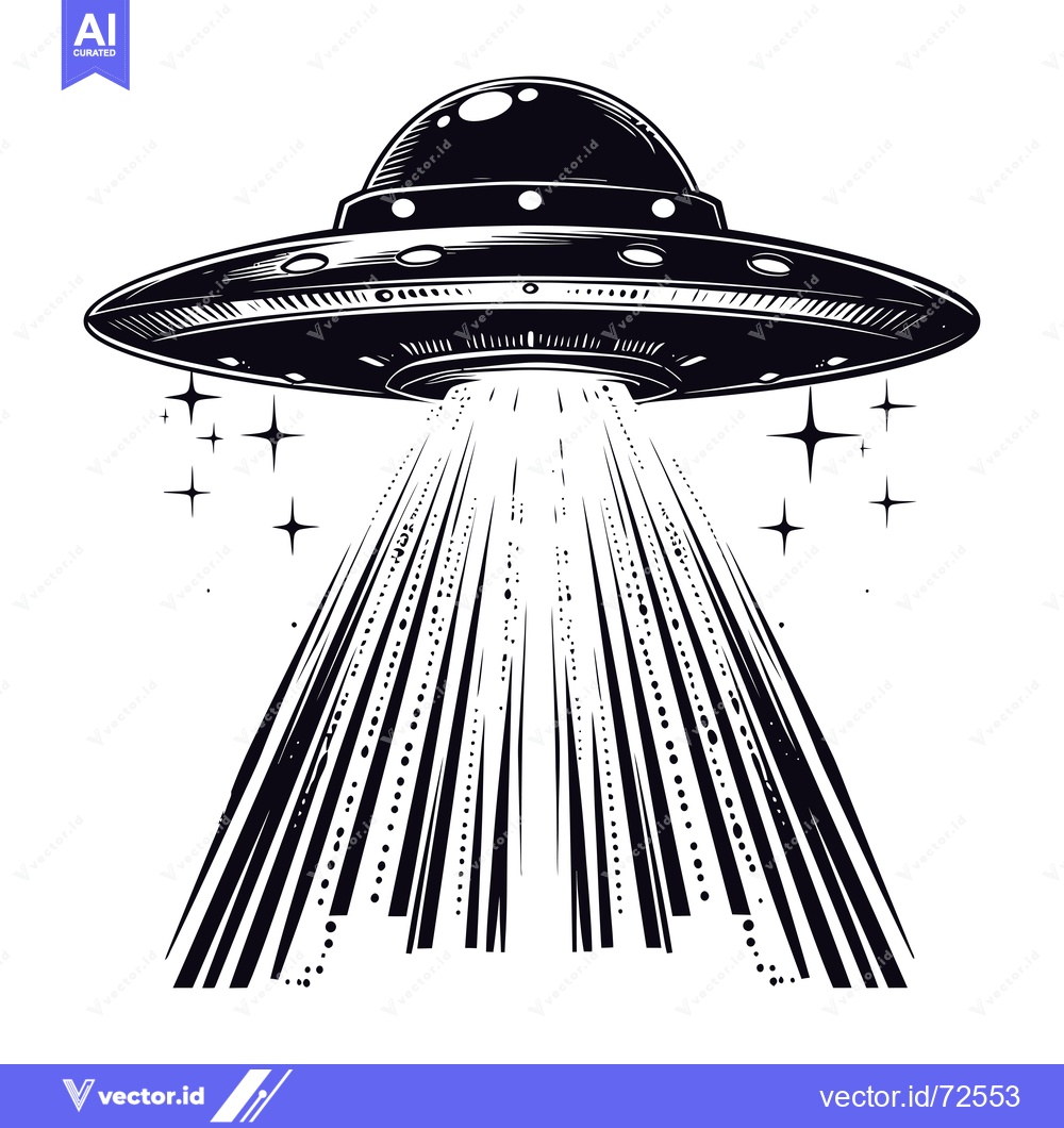 Premium Vector dari Black and White Illustration of a UFO with a Beam of Light and Stars