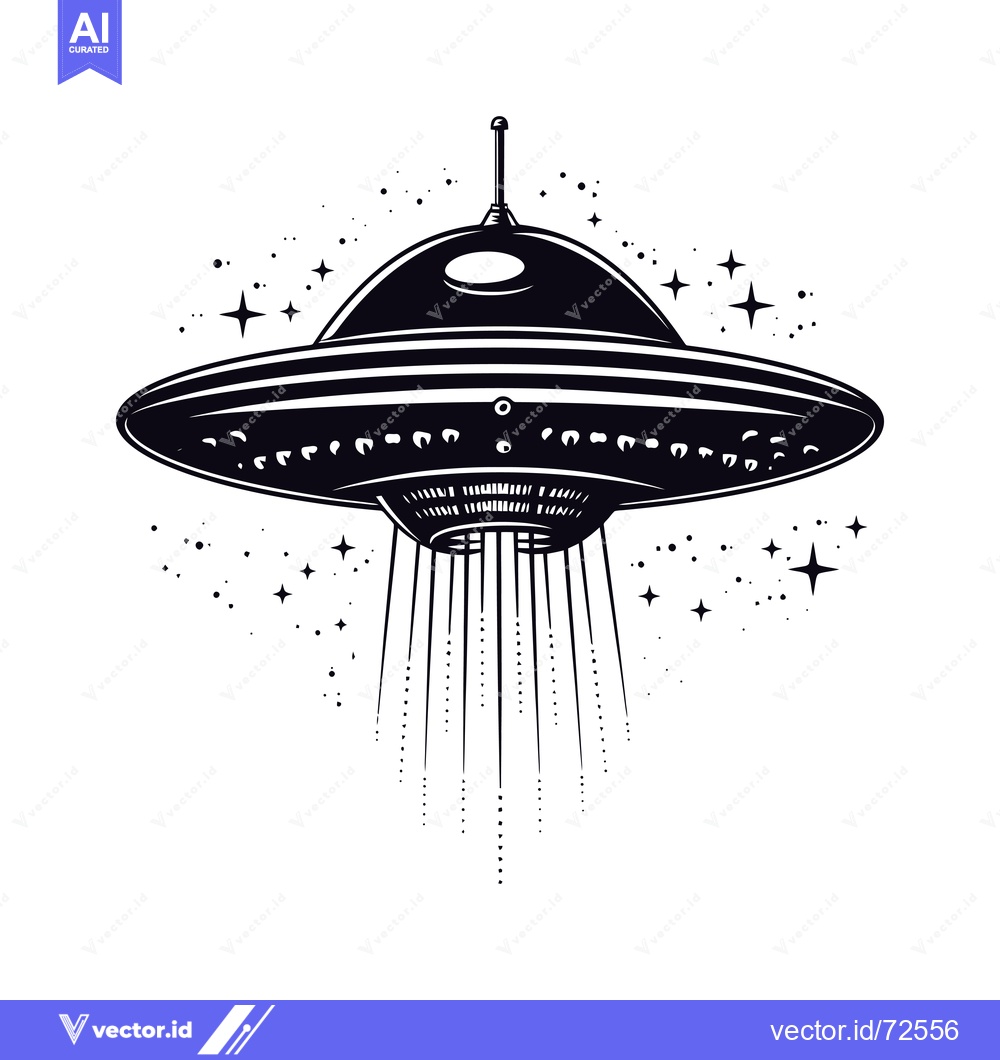 Premium Vector of Black and White Illustration of a UFO with Stars and Beams of Light