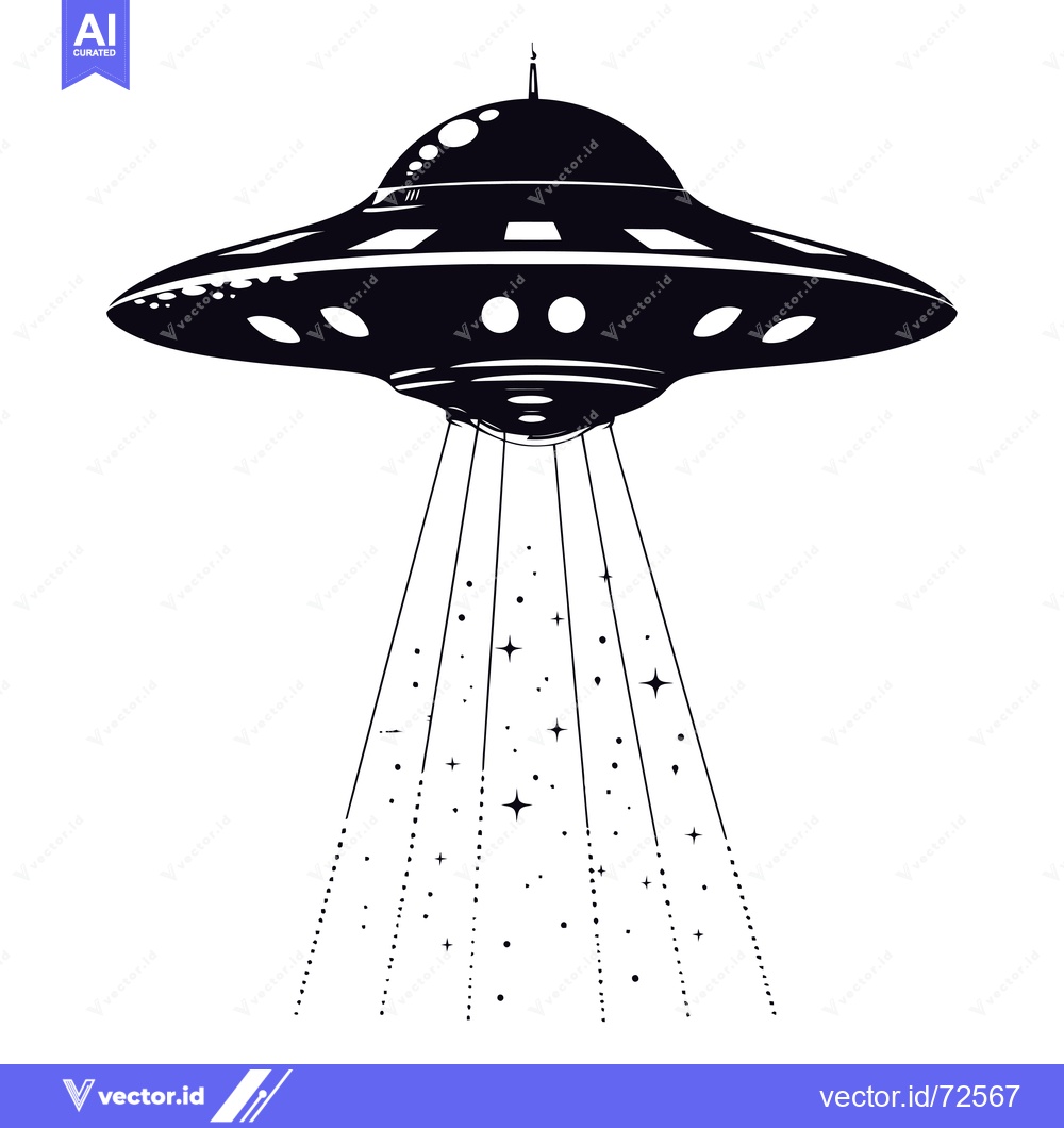 Premium Vector dari A black and white silhouette of a UFO with beams of light and stars