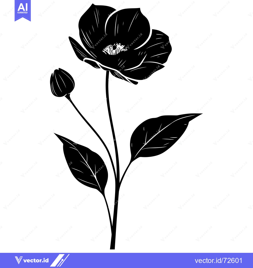 Premium Vector dari Black and White Silhouette of a Poppy Flower with Bud and Leaves