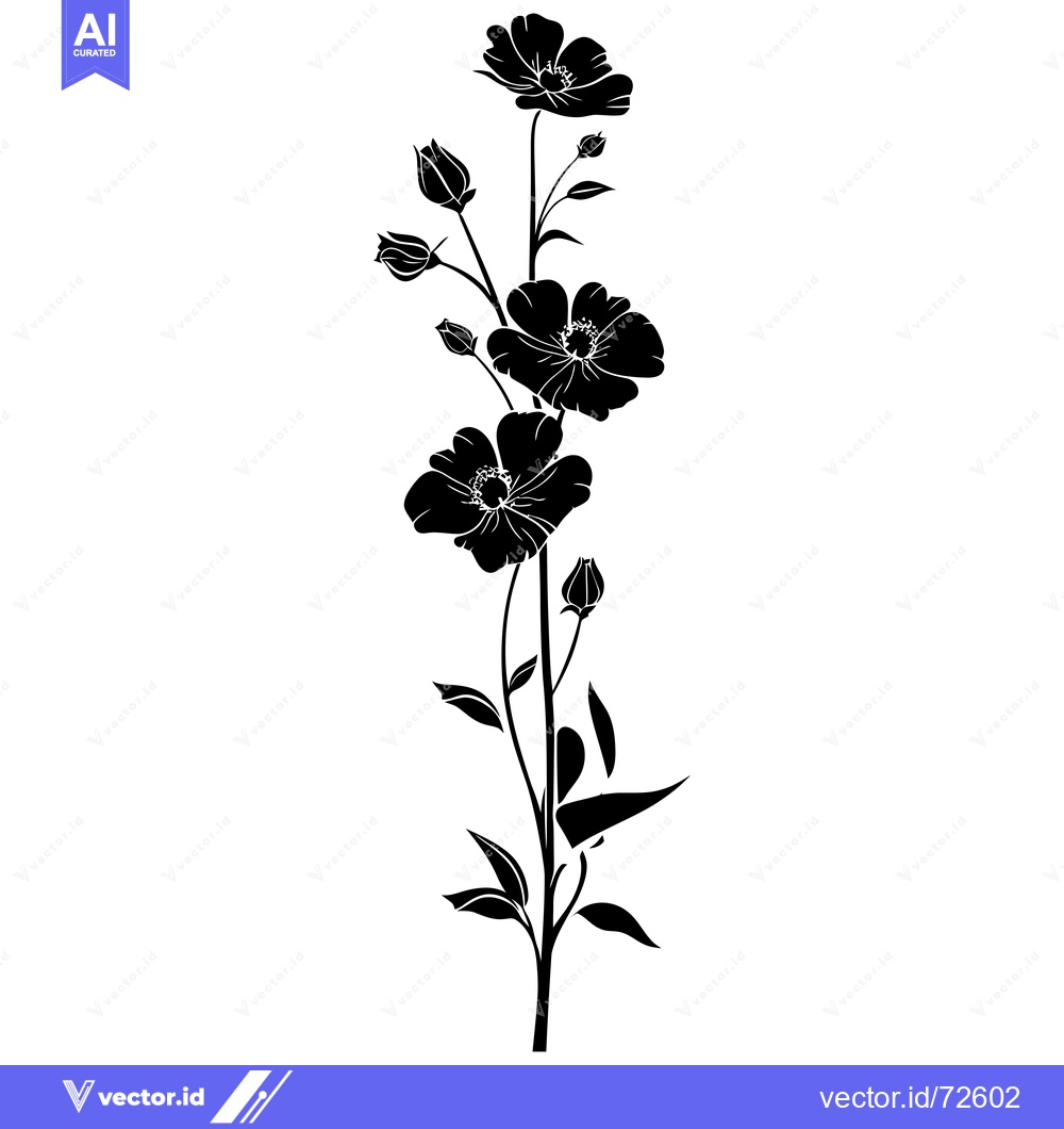 Premium Vector of Black and White Silhouette of a Flower Stem with Buds and Flowers