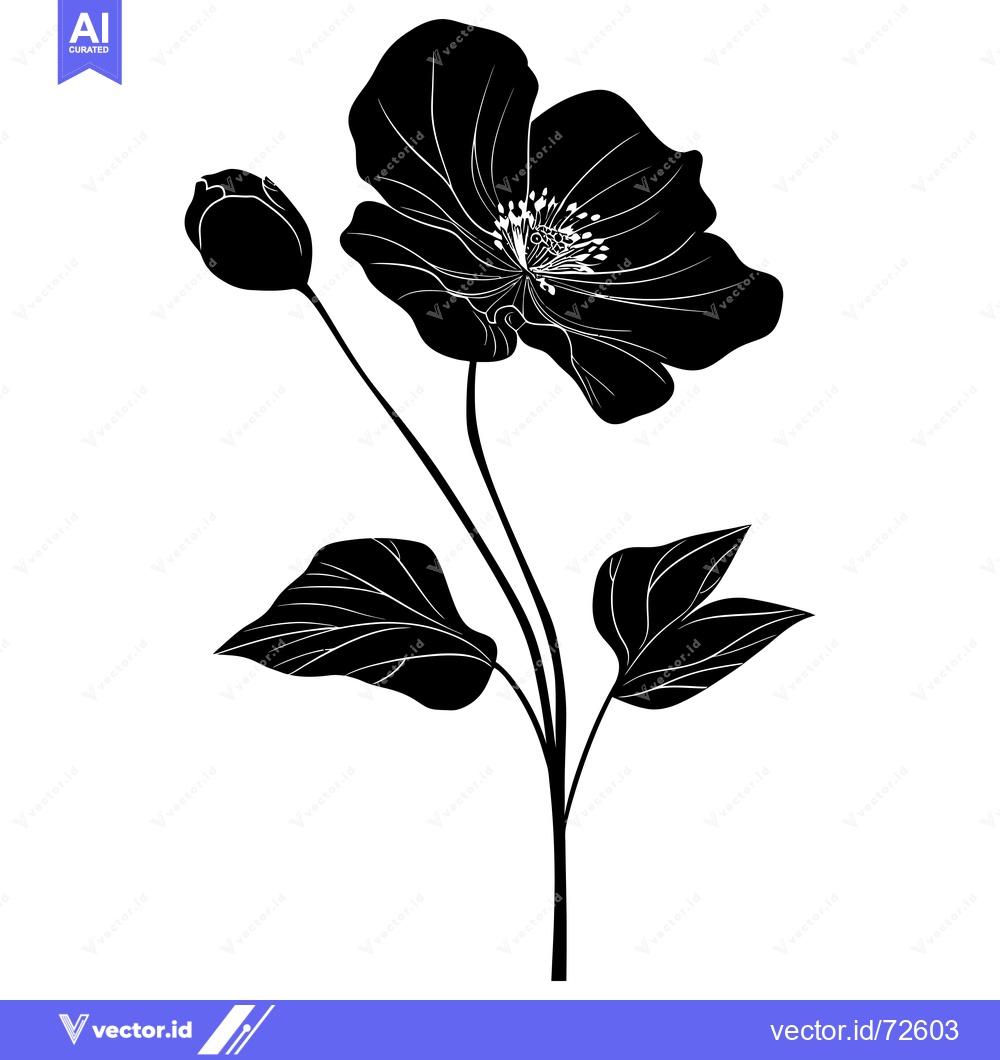 Premium Vector of Black and White Silhouette of a Flower with Leaves