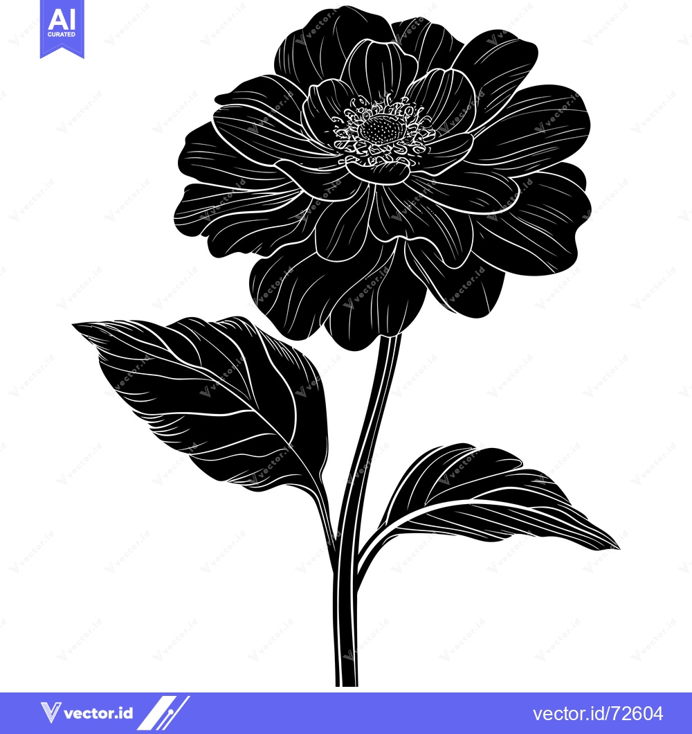 Premium Vector dari Black and White Illustration of a Single Flower with Leaves