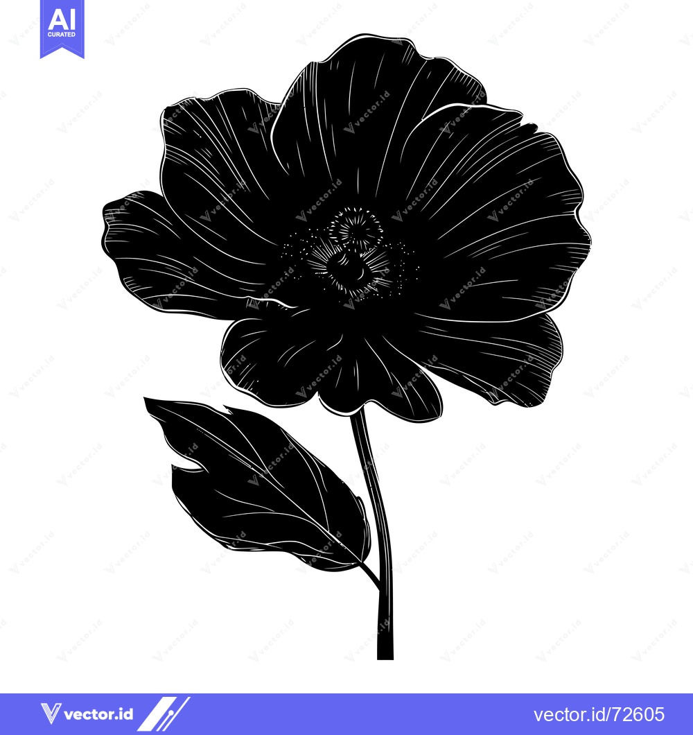 Premium Vector dari Black and White Silhouette of a Flower with a Single Leaf