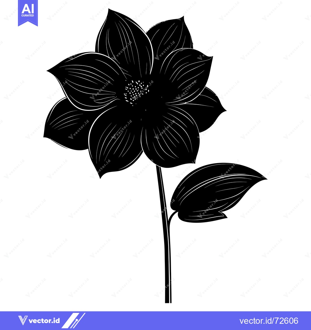 Premium Vector of Black and White Silhouetted Flower with a Single Leaf