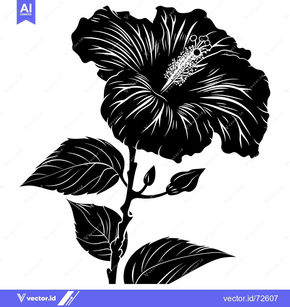 Premium Vector dari Black and White Silhouette of a Hibiscus Flower and Leaves