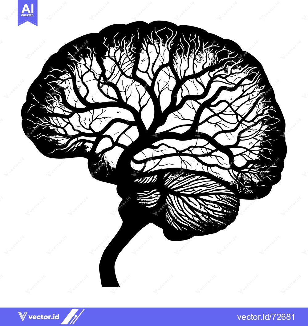 Premium Vector dari Black and White Silhouette of a Tree-Like Brain