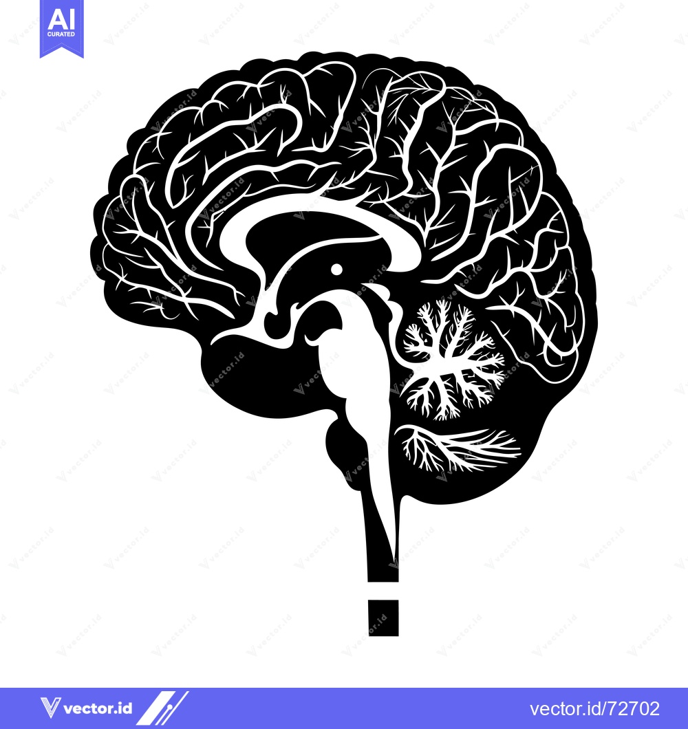 Premium Vector of Black and White Silhouette of a Human Brain with an Exclamation Point