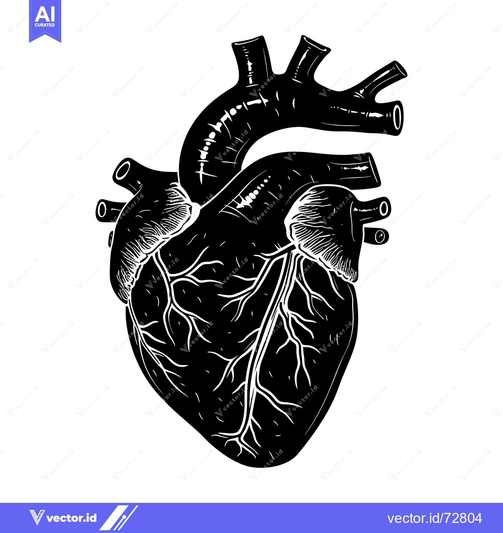 Premium Vector of A detailed black and white illustration of a human heart with veins.