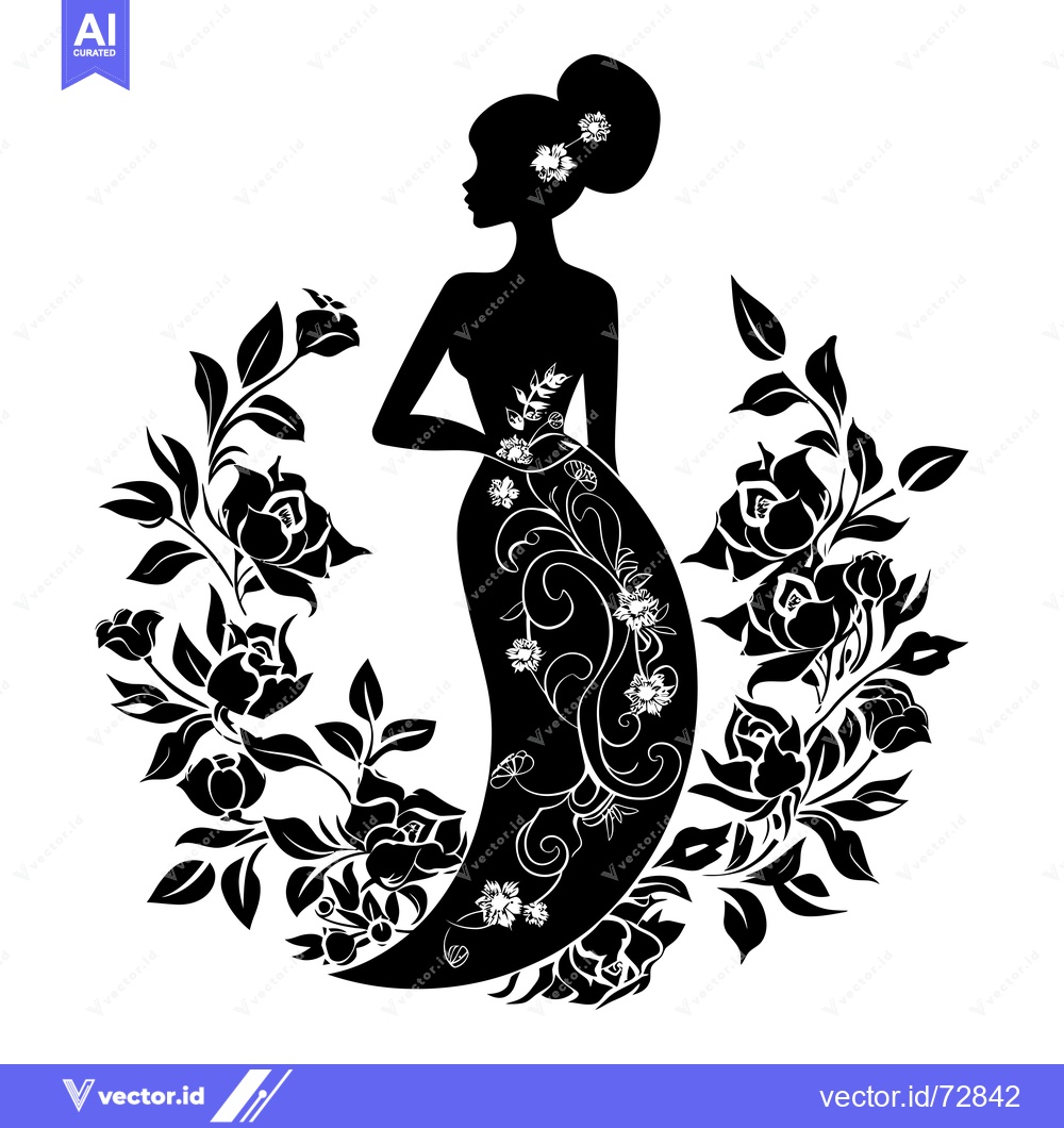 Premium Vector of Silhouette of a Woman in a Floral Dress Surrounded by Roses