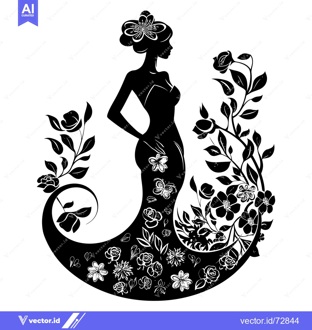 Premium Vector dari Silhouette of a Woman in a Dress Adorned with Flowers