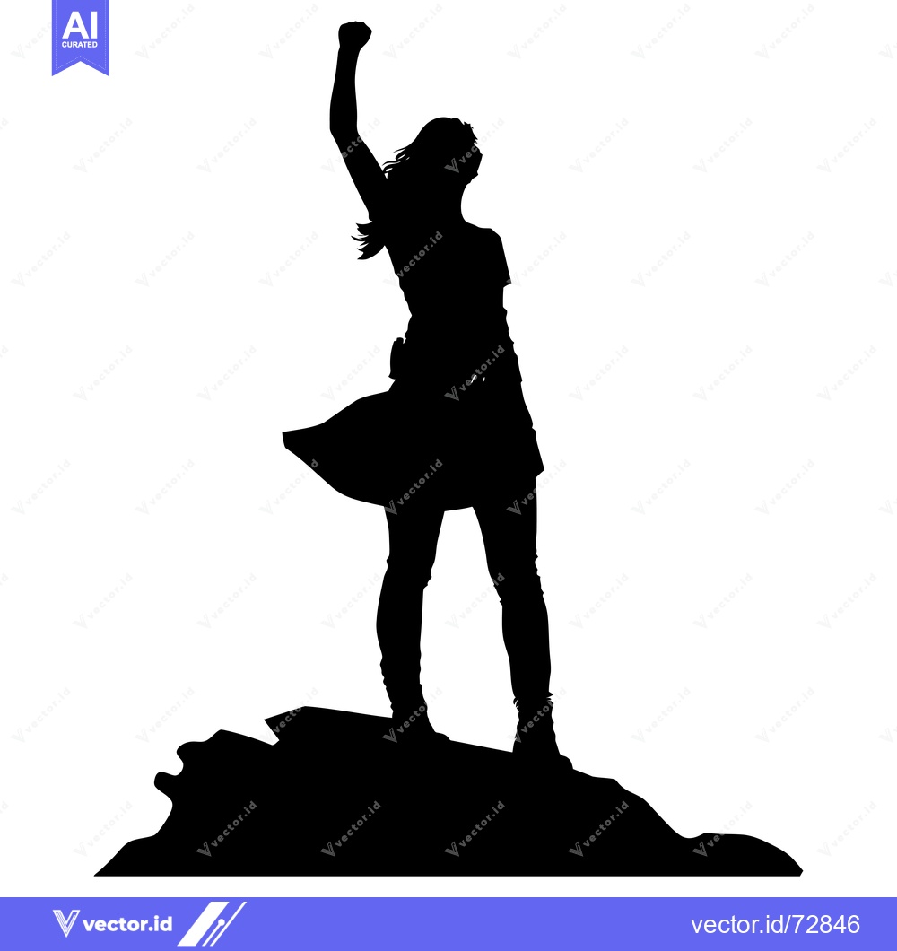 Premium Vector dari Silhouette of a Woman Standing Victoriously on a Rock