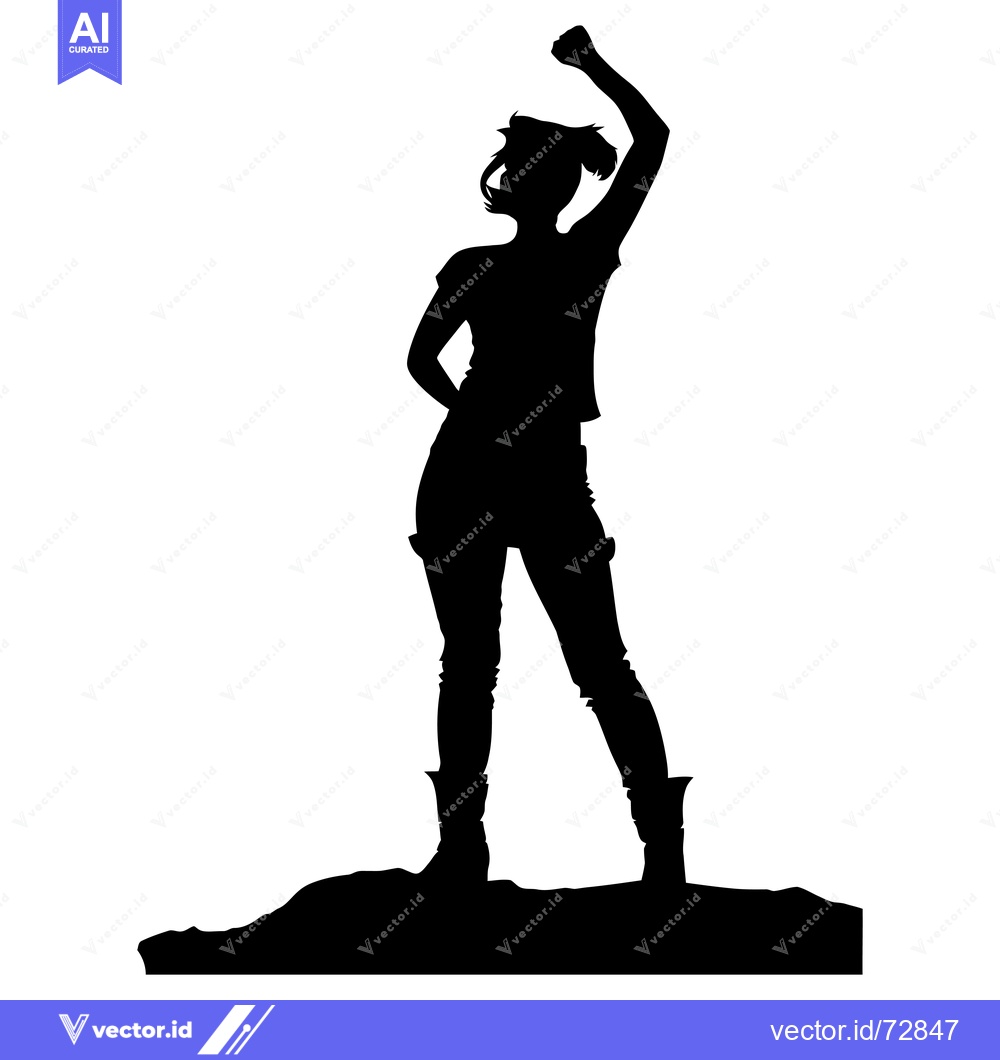 Premium Vector dari Silhouette of a Woman Standing on a Hill, Raising Her Fist in the Air