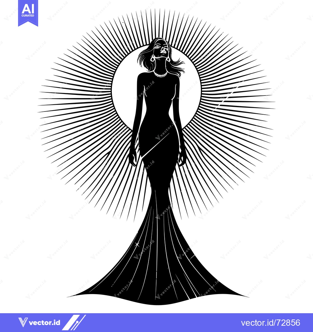 Premium Vector dari Silhouette of a Woman in a Gown Standing Within a Radiating Sunburst