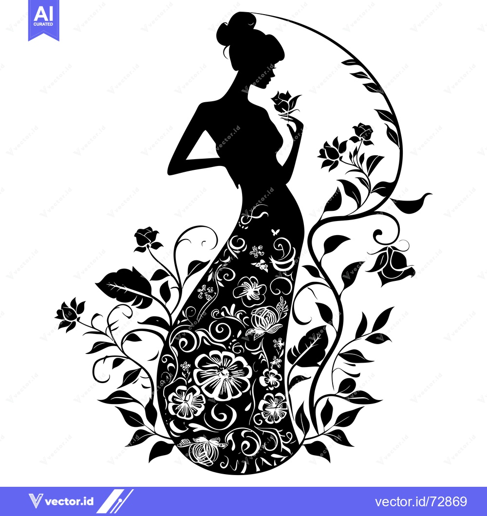 Premium Vector of Black and white silhouette of a woman in a floral dress