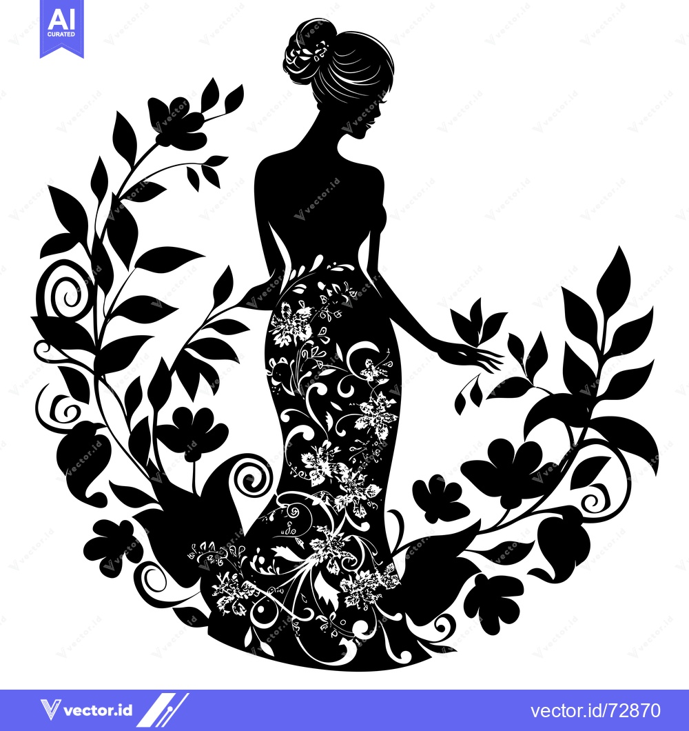 Premium Vector dari Silhouette of a Woman in a Floral Dress with Flowers and Leaves