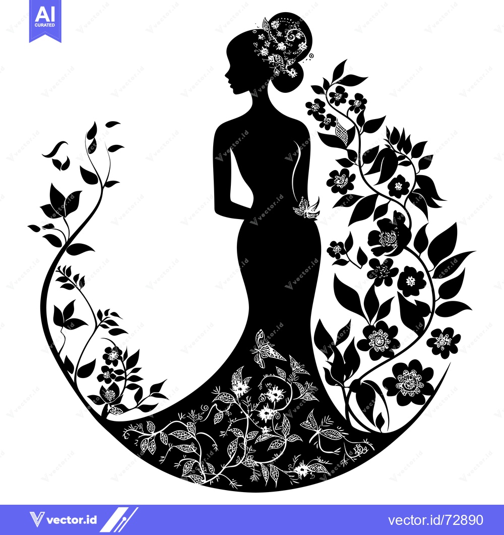 Premium Vector dari Silhouette of a Woman in a Floral Dress with Butterflies