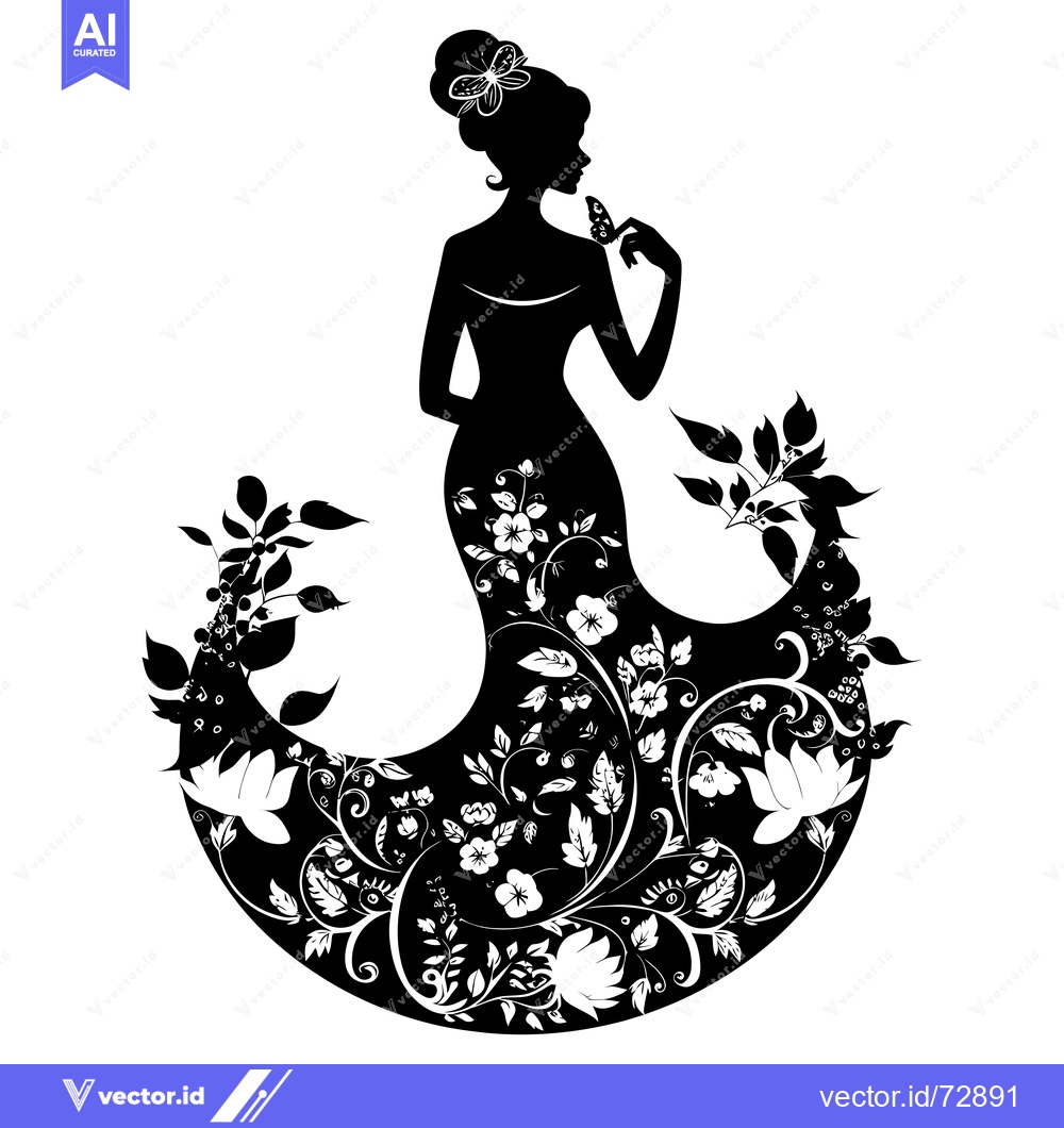 Premium Vector dari Silhouette of a Woman in a Floral Dress with Butterflies