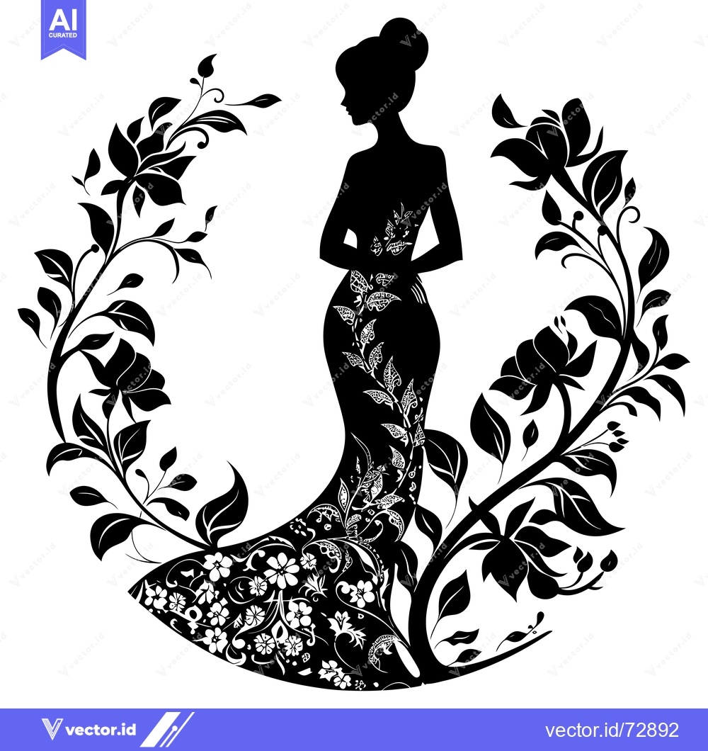 Premium Vector dari Silhouette of a Woman in a Floral Dress with Flowers