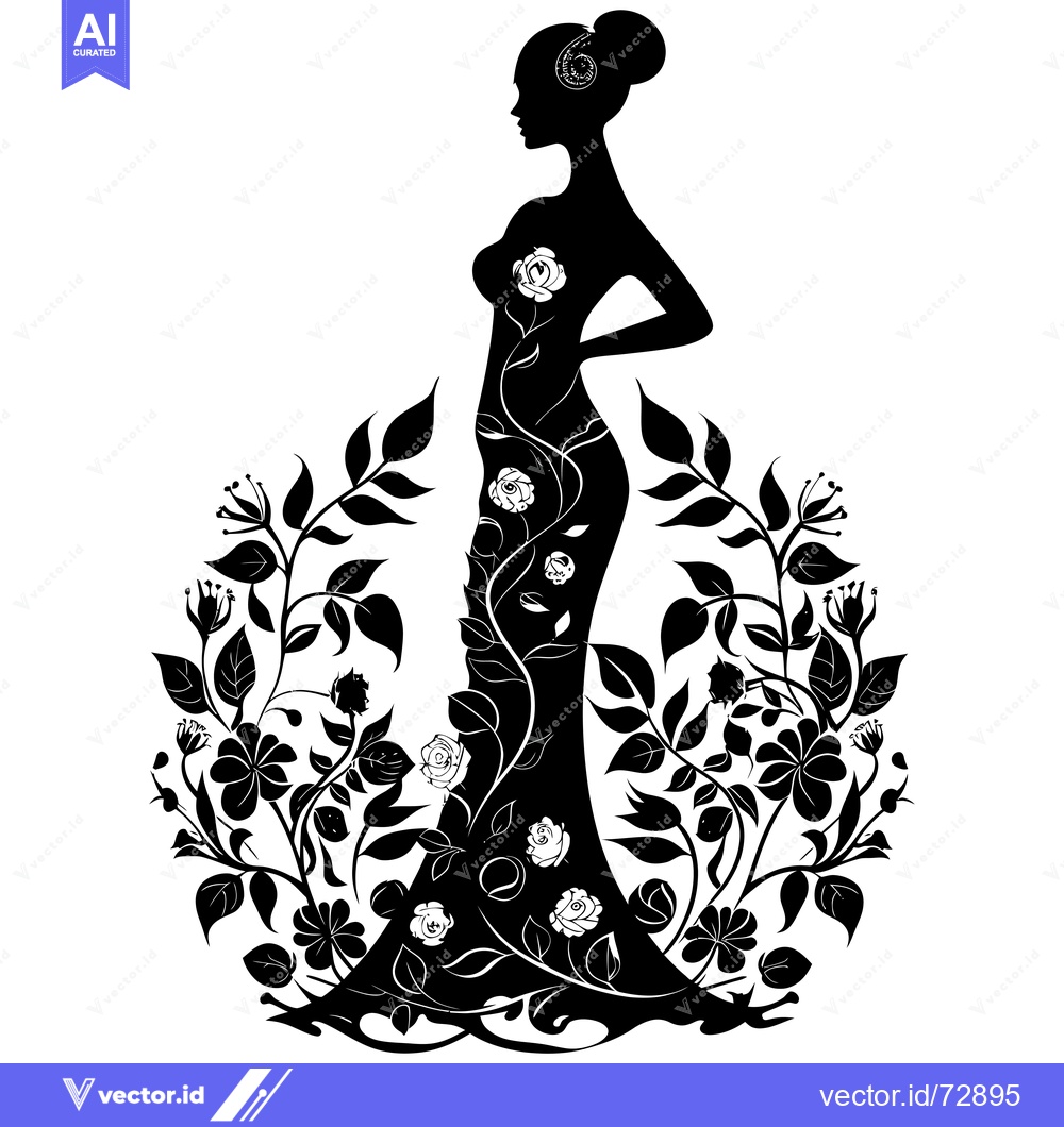 Premium Vector dari Silhouette of a Woman in a Floral Dress with Roses and Leaves