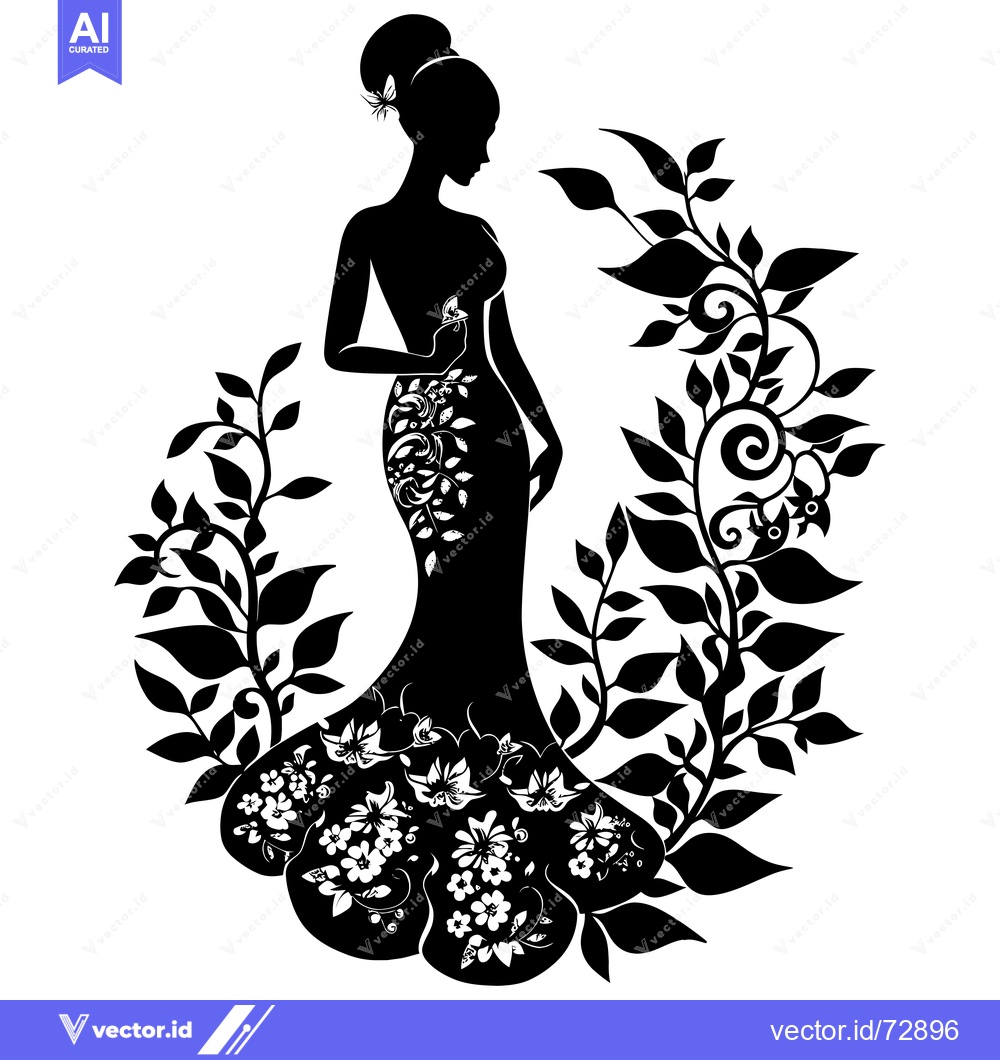Premium Vector dari Silhouette of a Woman in a Floral Gown with a Floral Background