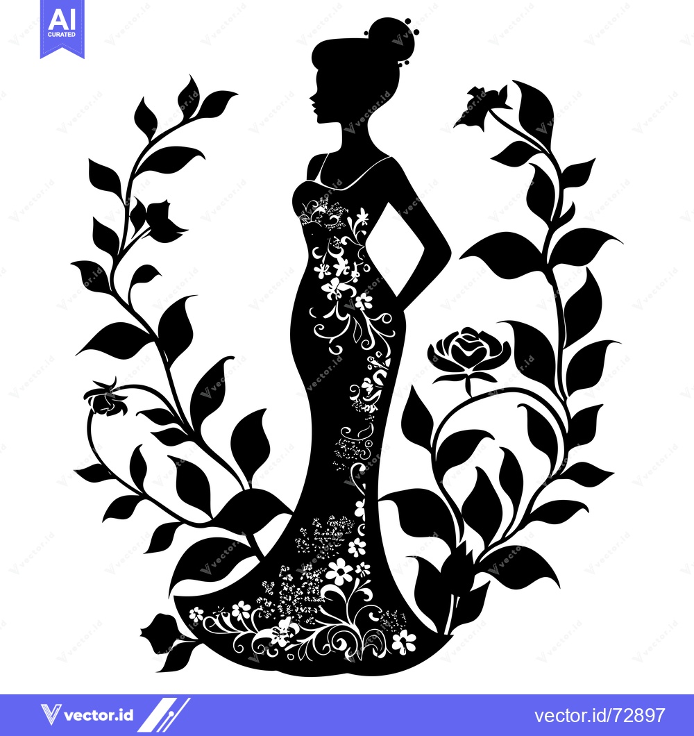 Premium Vector dari Silhouette of a Woman in a Floral Dress Surrounded by Flowers