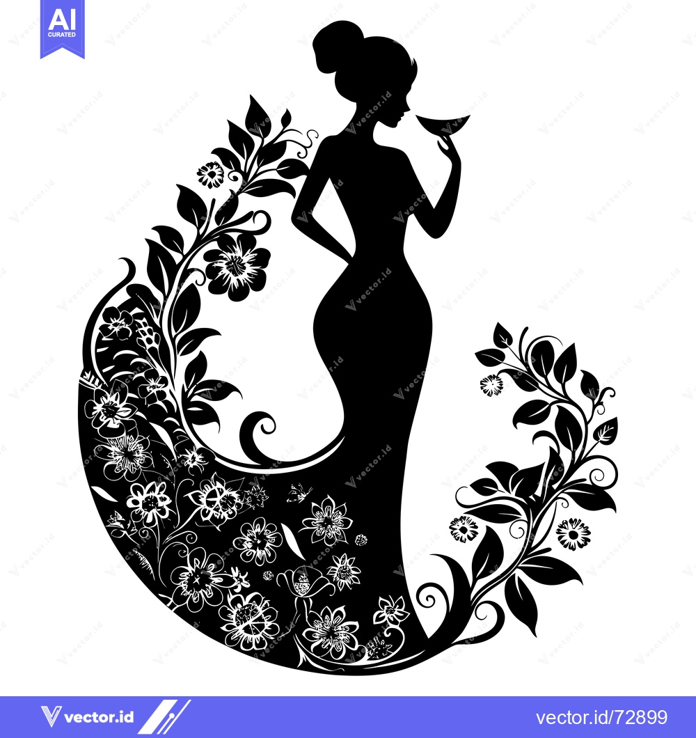 Premium Vector dari Silhouette of a Woman in a Floral Dress Holding a Glass