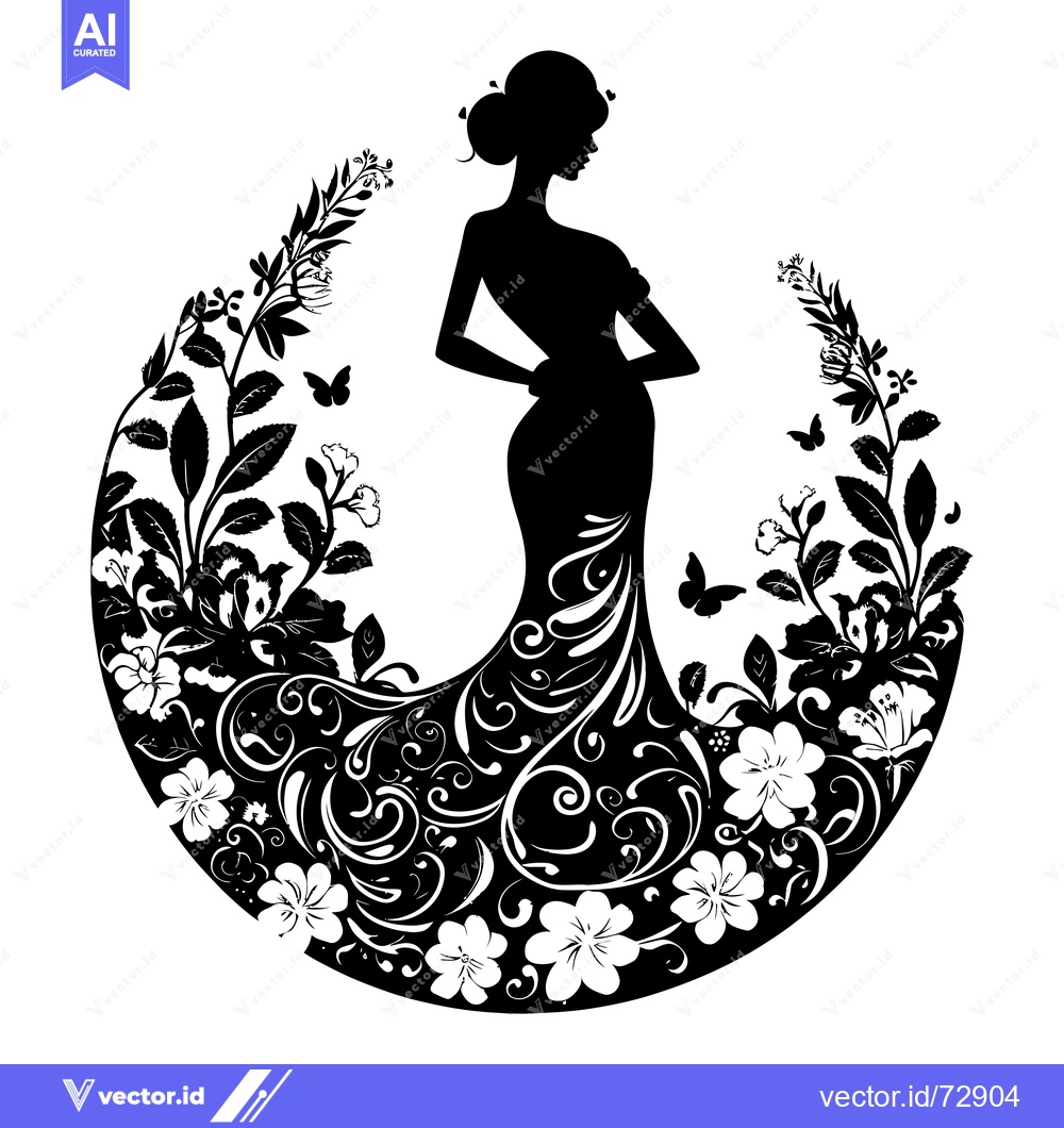 Premium Vector dari Silhouette of a Woman in a Floral Dress with Butterflies