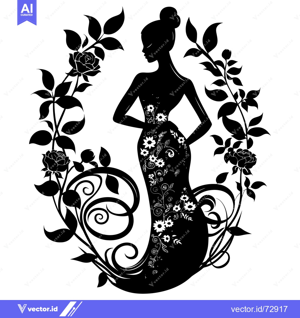 Premium Vector dari Silhouette of a Woman in a Floral Dress Surrounded by Roses and Leaves